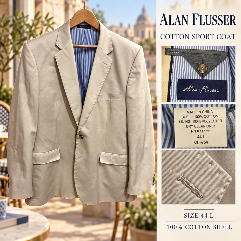 Alan Flusser Mens 44L Khaki Tan Cotton 2 Button Sport Coat Blazer Side Vent